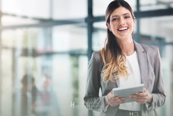 Professional executive assistant holding tablet illustrating transition from corporate EA to private PA role