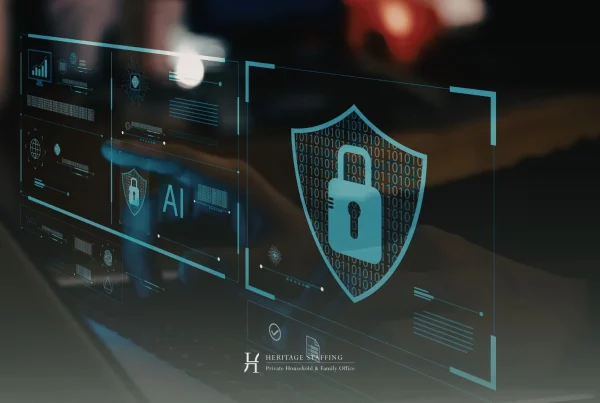 Cybersecurity interface with lock icon representing digital security risks and staff access to sensitive household data
