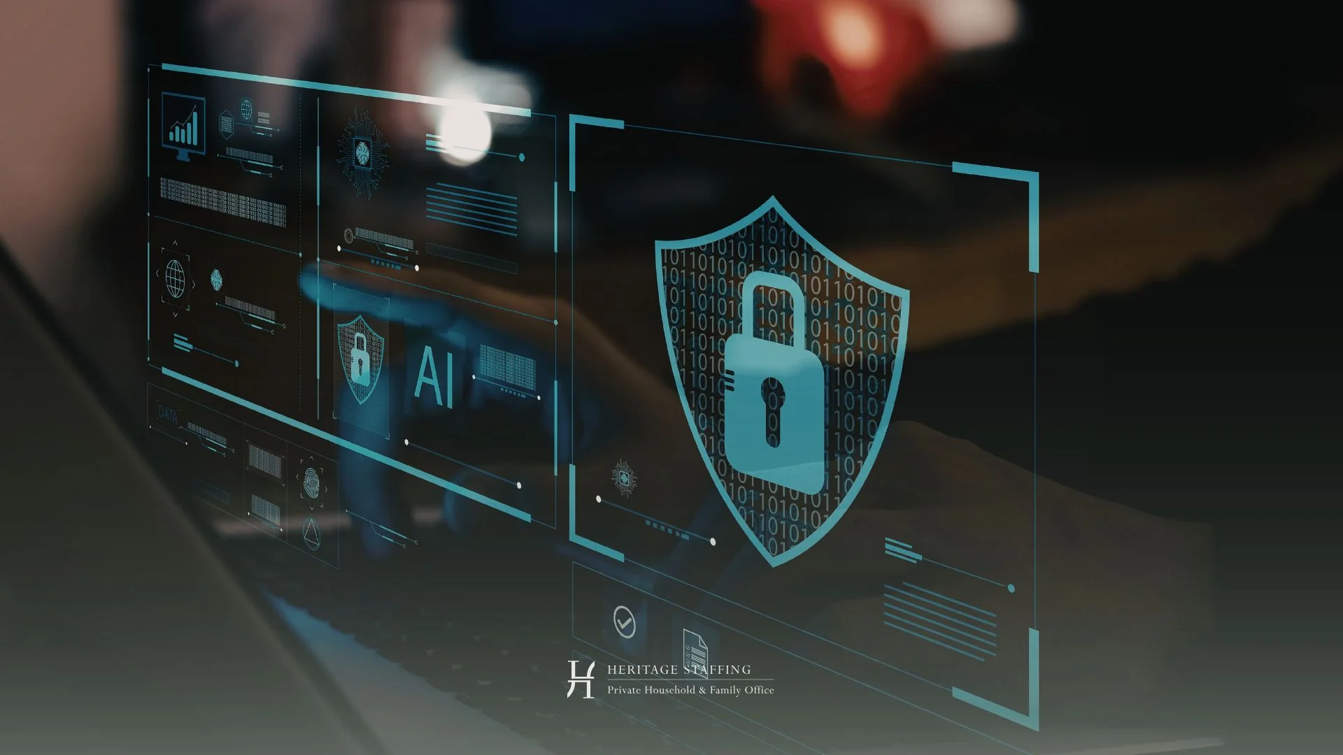 Cybersecurity interface with lock icon representing digital security risks and staff access to sensitive household data
