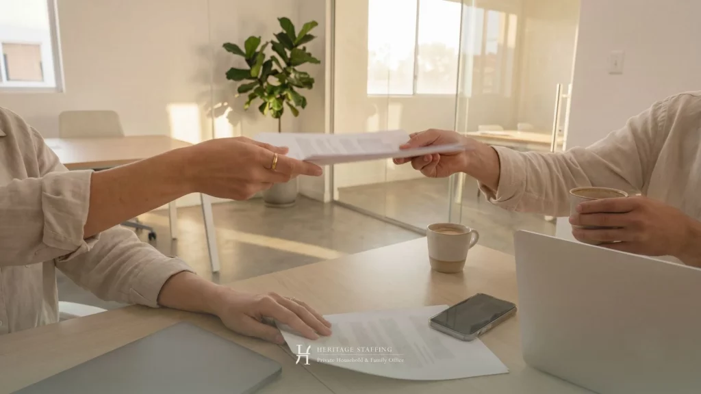 Two professionals exchanging documents illustrating household staff contracts and operational processes in Switzerland