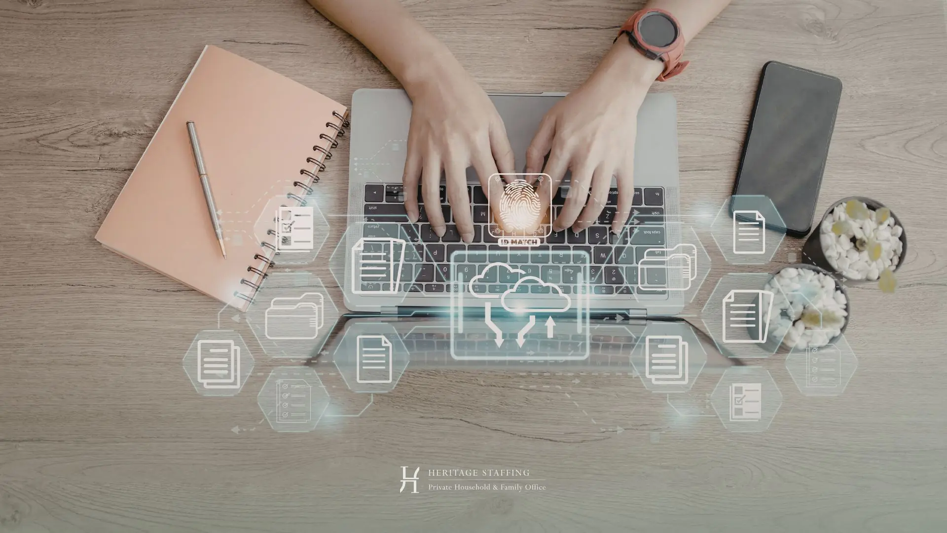hands typing on laptop with cloud and data icons overlay, representing digital systems replacing legacy knowledge in estate management