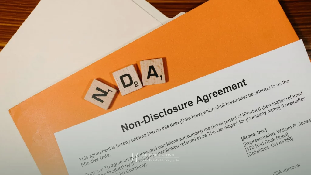 Non-disclosure agreement document with NDA letters representing data security risks in household staff access