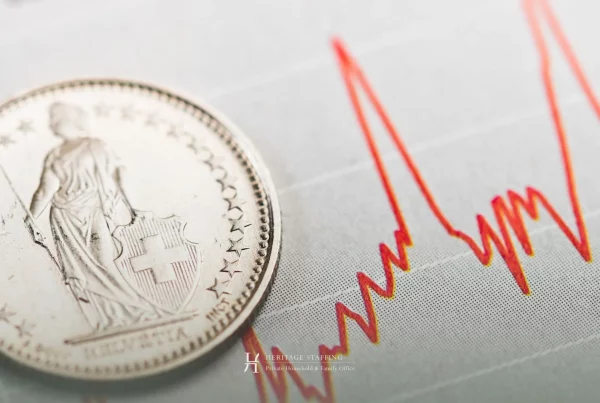 Swiss franc coin on financial chart illustrating salary and bonus benchmarking trends in Swiss family offices
