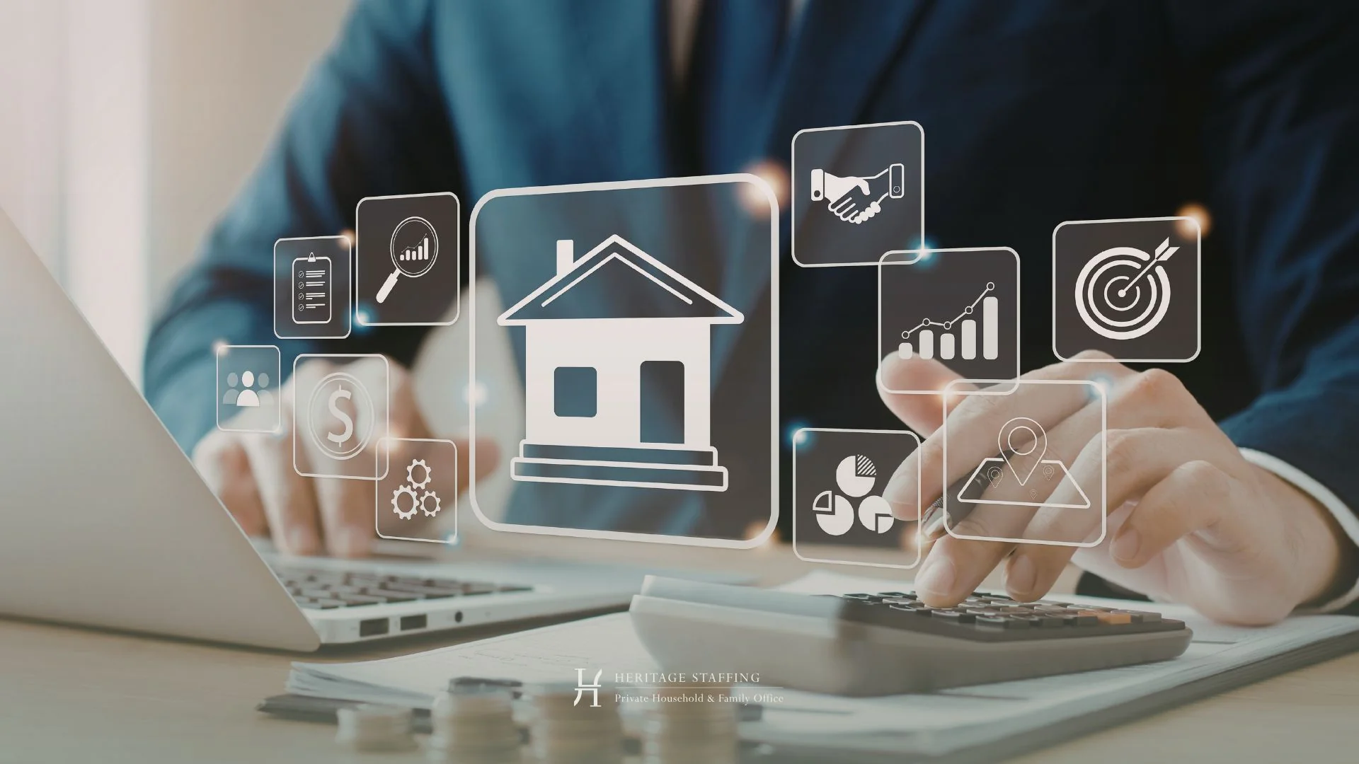Business executive calculating estate finances with digital house interface symbolising risks of undocumented household operations.