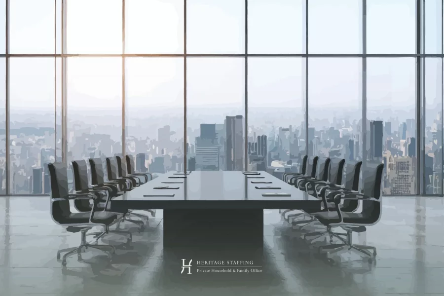 Luxury boardroom illustrating family office governance failure and broken staffing structures.