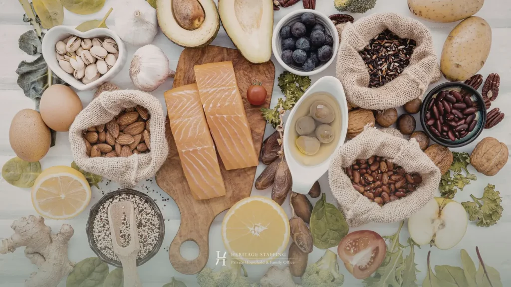 Selection of fresh fish, nuts, grains, vegetables and citrus on a kitchen table illustrating food safety management in a private household kitchen.