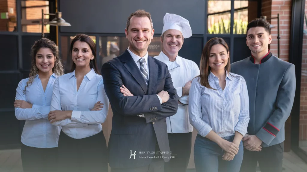 A professional household staff team illustrating multi-jurisdictional household roles and reporting structure.