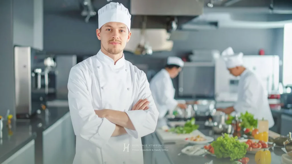 Head chef supervising kitchen staff preparing fresh ingredients in a modern private residence kitchen, illustrating food safety liability management.