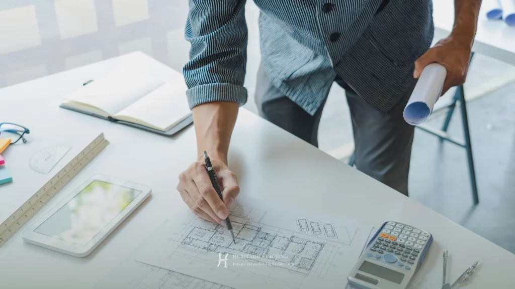 professional reviewing architectural floor plans with tools and tablet, representing property manager responsibilities in private estates