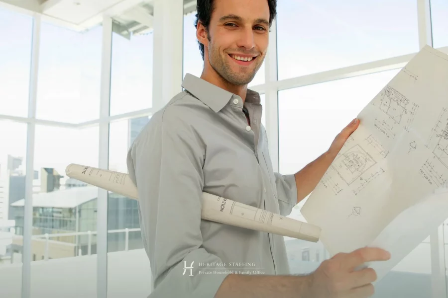 professional property manager reviewing architectural plans in a modern estate setting, illustrating the difference between property manager and estate manager roles