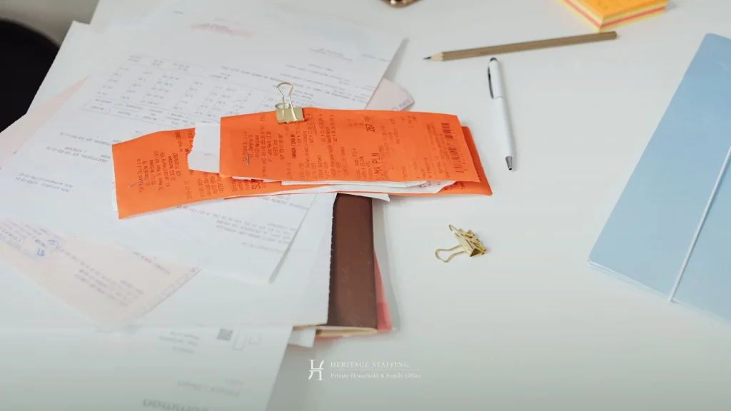 Scattered receipts and household financial paperwork on a desk illustrating risks of undocumented household operations in estate management.