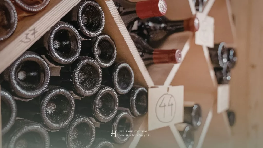 Close view of wine bottles stored horizontally with handwritten inventory tags highlighting classification risk in private cellars