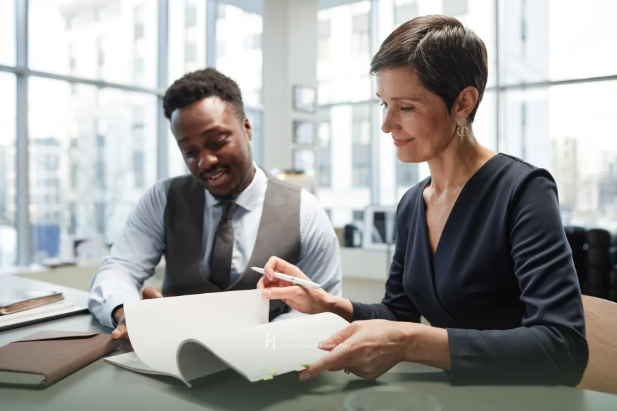 Two professionals reviewing documents during a specialist recruitment consultation in a luxury office